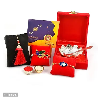 Great Art Rakhi Gift Hamper for Brother  Gift for Brother and bhabhi [Rakhi for Brother Combo - Rakhi with Brass Bowl with Velvet Box, Tilak Material  Greeting Card]GA-02-803-thumb2