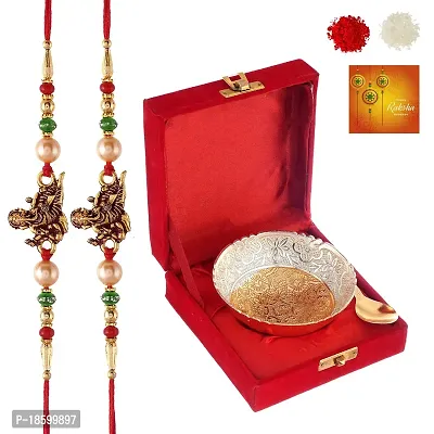 Great Art Sliver Gold Plated Occasional Brass Bowl with Velvet Box for Brother and Sister Greeting Card, Roli Chawal, Rakhi Combo -DAK-600-33