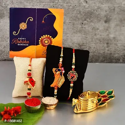 Great Art Rakhi Gift for Brother with Rakhi Gift Combo for Brother Best Gift for Bhaiya Bhabhi + Rakhi with kumkum Box + Rakhi Set of-3 +Roli Chawal + Free Rakhi Card-GA-022-47