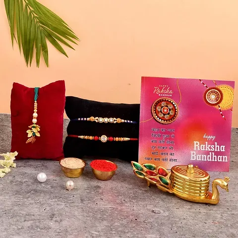 Great Art Rakhi for Brother with Rakhi Gift Combo for Brother Best Gift for Bhaiya Bhabhi + ""Metal Kumkum Holder"" + 3 Rakhi Set of +Roli Chawal + Free Rakhi Card