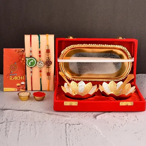 Great Art Rakhi for Brother and bhabhi with Gift Combo Set [Gift Combo - | Rakhi with German Silver Bowl Set with Velvet Box Set with Red Velvet Box (3 Rakhi Set with Bowl Set)