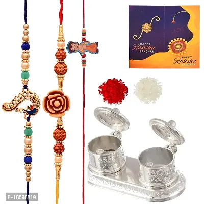 Great Art Rakhi for Brother Bhaiya Bhabhi - 3 Rakhi Set with Golden Finish Kumkum Dani Box - Rakshabandhan Gift Best Special Card-907-2-thumb2