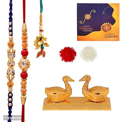 Great Art Rakhi Gift for Brother [Gift Combo - |Rakhi Bhaiya Bhabhi Set with Metal Chandan Roli Kumkum Chawal Box (3 Rakhi Set with Double Sindoor Dani)-903-7-thumb2