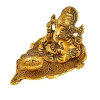 Great Art Ganesh Idol on Leaf - Lord Ganesha with Diya - Metal Hand Craved for Home Decorative Gift Puja Gifts Corporate-thumb2