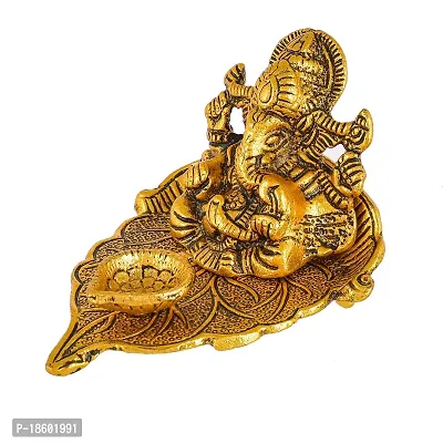 Great Art Ganesh Idol on Leaf - Lord Ganesha with Diya - Metal Hand Craved for Home Decorative Gift Puja Gifts Corporate-thumb3