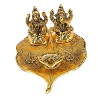 Great Art Metal Laxmi Ganesh Idol Showpiece Oil Lamp Diya, 7 x 5 x 3 Inches, Golden-thumb2