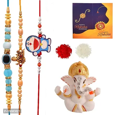 Great Art Rakhi Gift for Brother, Rakhi with Lord Ganesh Idol Showpiece | Best Rakhi for Brother | (3 Rakhi, 1 Ganesh Idol, 1 Greeting Card, 1 Roli Chawal Pack)-7001-6-thumb2