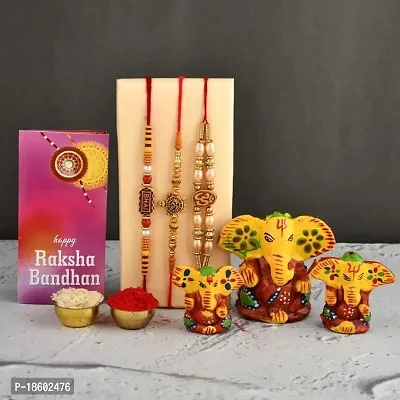 Great Art Rakhi Gift for Brother, Rakhi with Lord Ganesha Idol Combo Set | Best Rakhi for Brother | Pack of 5 (3 Rakhi, 1 Ganesh Idol, 1 Greeting Card, 1 Roli Chawal Pack)-100-1