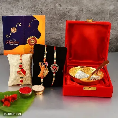 Great Art Rakhi Gift Hamper for Brother  Gift for Brother and bhabhi [Rakhi for Brother Combo - Rakhi with Brass Bowl with Velvet Box, Tilak Material  Greeting Card]GA-02-805