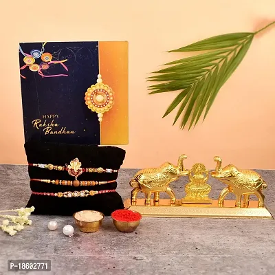 Great Art Rakhi Gift for Brother [Gift Combo - |Rakhi Bhaiya Bhabhi Set with Metal Chandan Roli Kumkum Chawal Box (3 Rakhi Set with Double Sindoor Dani)-903-3-thumb0
