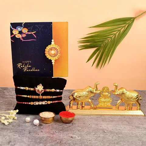 Great Art Rakhi Gift for Brother [Gift Combo - |Rakhi Bhaiya Bhabhi Set with Metal Chandan Roli Kumkum Chawal Box (3 Rakhi Set with Double Sindoor Dani)-903-3