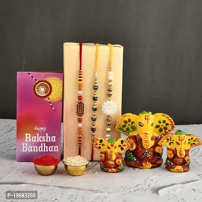 Great Art Rakhi Gift for Brother, Rakhi with Lord Ganesha Idol Combo Set | Best Rakhi for Brother | Pack of 5 (3 Rakhi, 1 Ganesh Idol, 1 Greeting Card, 1 Roli Chawal Pack)-100-3