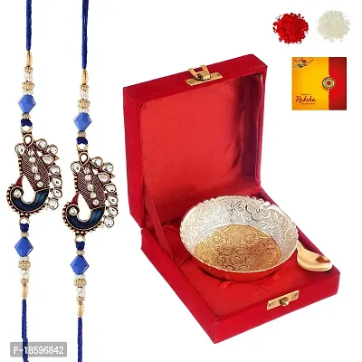 Great Art Sliver Gold Plated Occasional Brass Bowl with Velvet Box for Brother and Sister Greeting Card, Roli Chawal, Rakhi Combo -DAK-600-31