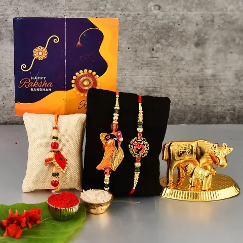 Great Art Rakhi for Brother and Bhabhi Combo Gift (Designer Rakhi Set, kamdhenu Cow, Rakshabandhan Special Card, Roli Chawal)-GA-022-703