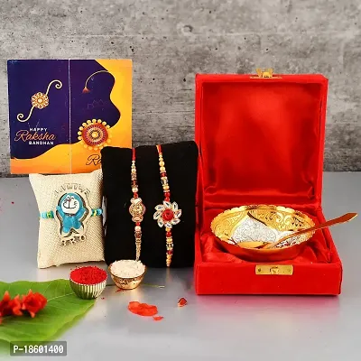 Great Art Rakhi Gift Hamper for Brother  Gift for Brother and bhabhi [Rakhi for Brother Combo - Rakhi with Brass Bowl with Velvet Box, Tilak Material  Greeting Card]GA-02-802