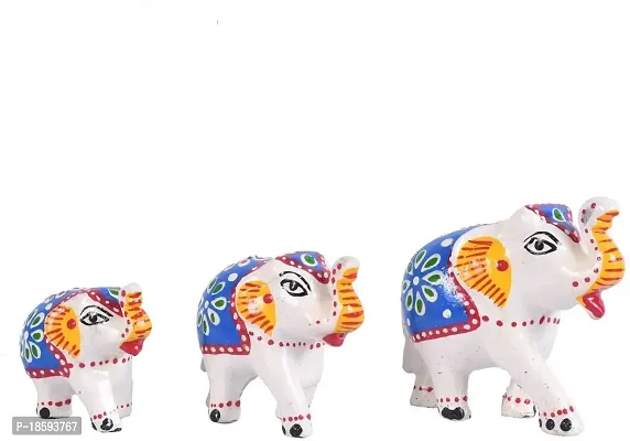 Great Art Ethnic Indian Paper Mashe Elephant Showpiece Home, Office, Table Decor, Best Return Gift Made - Set of 3 (White and Blue)