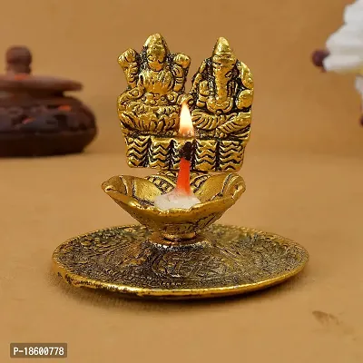 Great Art Metal Gold Laxmi Ganesh Hand Diya with for Pooja or as Puja Article Hath Deepak (3X3 inch, Gold,-thumb0