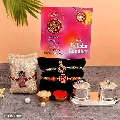 Great Art Rakhi for Brother Bhaiya Bhabhi - 3 Rakhi Set with Golden Finish Kumkum Dani Box - Rakshabandhan Gift Best Special Card-907-2-thumb0