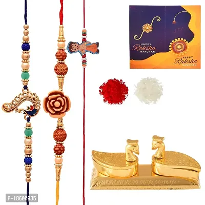 Great Art Rakhi Gift for Brother [Gift Combo - |Rakhi Bhaiya Bhabhi Set with Metal Chandan Roli Kumkum Chawal Box (3 Rakhi Set with Double Sindoor Dani)-903-1-thumb2