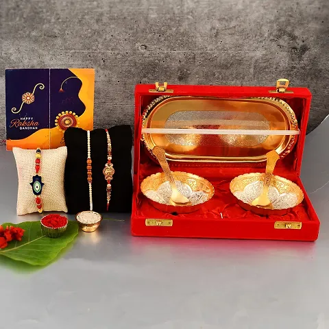 Great Art Rakhi for Brother | Rakhi Combo | Rakhi Set | Rakhi | Designer Rakhi | Set of 3 Rakhi | Roli Chawal | Blessing Card and | Brass Bowl with Velvet Box Set of-5