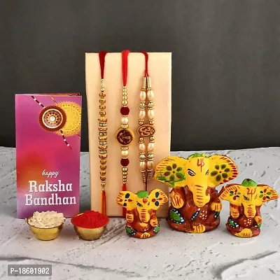 Great Art Rakhi Gift for Brother, Rakhi with Lord Ganesha Idol Combo Set | Best Rakhi for Brother | Pack of 5 (3 Rakhi, 1 Ganesh Idol, 1 Greeting Card, 1 Roli Chawal Pack)-100-4