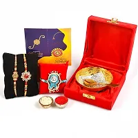 Great Art Rakhi Gift Hamper for Brother  Gift for Brother and bhabhi [Rakhi for Brother Combo - Rakhi with Brass Bowl with Velvet Box, Tilak Material  Greeting Card]GA-02-802-thumb1