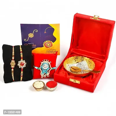 Great Art Rakhi Gift Hamper for Brother  Gift for Brother and bhabhi [Rakhi for Brother Combo - Rakhi with Brass Bowl with Velvet Box, Tilak Material  Greeting Card]GA-02-802-thumb2