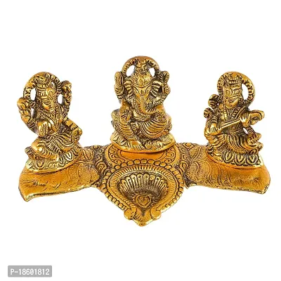 Great Art Laxmi Ganesh Saraswati with Diya Decorative Showpiece - 19 cm (Metal, Gold)-thumb2