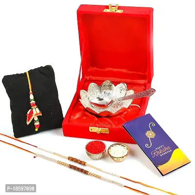 Great Art Rakhi Gift Hamper for Brother  Gift for Brother and bhabhi [Rakhi for Brother Combo - Rakhi with Brass Bowl with Velvet Box, Tilak Material  Greeting Card]GA-02-800-thumb2