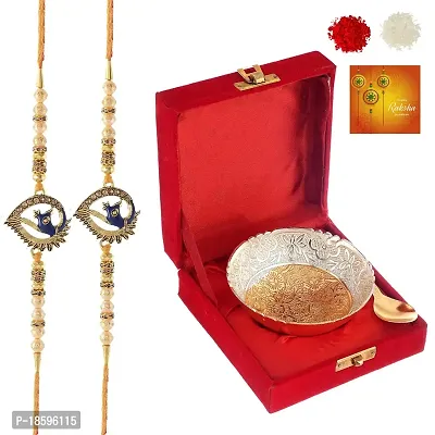 Great Art Sliver Gold Plated Occasional Brass Bowl with Velvet Box for Brother and Sister Greeting Card, Roli Chawal, Rakhi Combo -DAK-600-35