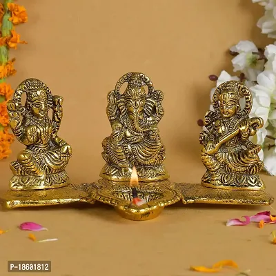 Great Art Laxmi Ganesh Saraswati with Diya Decorative Showpiece - 19 cm (Metal, Gold)