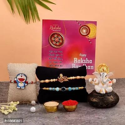 Great Art Rakhi Gift for Brother, Rakhi with Lord Ganesh Idol Showpiece | Best Rakhi for Brother | (3 Rakhi, 1 Ganesh Idol, 1 Greeting Card, 1 Roli Chawal Pack)-7001-6