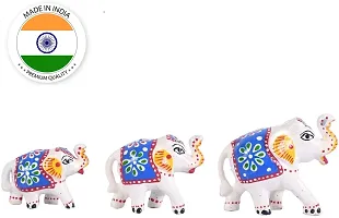 Great Art Ethnic Indian Paper Mashe Elephant Showpiece Home, Office, Table Decor, Best Return Gift Made - Set of 3 (White and Blue)-thumb1