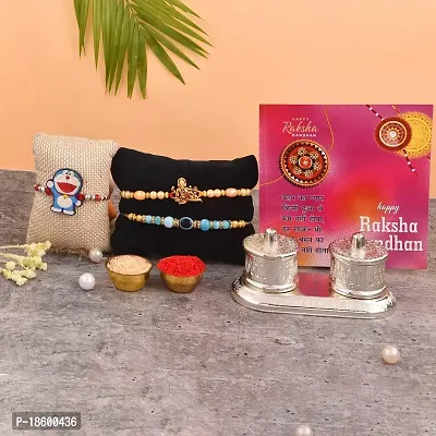 Great Art Rakhi Gift for Brother [Gift Combo - |Rakhi Bhaiya Bhabhi Set with Metal Chandan Roli Kumkum Chawal Box (3 Rakhi Set with Double Sindoor Dani)-903-6-thumb0