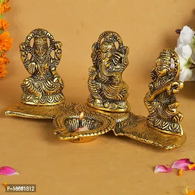 Great Art Laxmi Ganesh Saraswati with Diya Decorative Showpiece - 19 cm (Metal, Gold)-thumb4