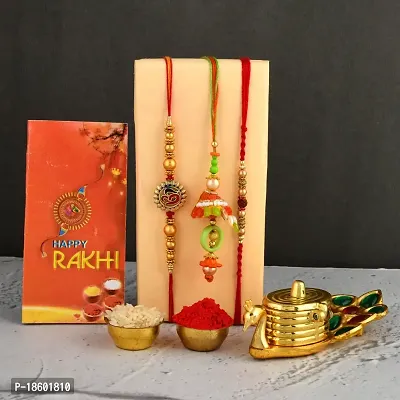 Great Art Rakhi Gift for Brother [Gift Combo - |Rakhi Bhaiya Bhabhi Set with Metal Chandan Roli Kumkum Chawal Box (3 Rakhi Set with Double Sindoor Dani)-903-2-thumb0