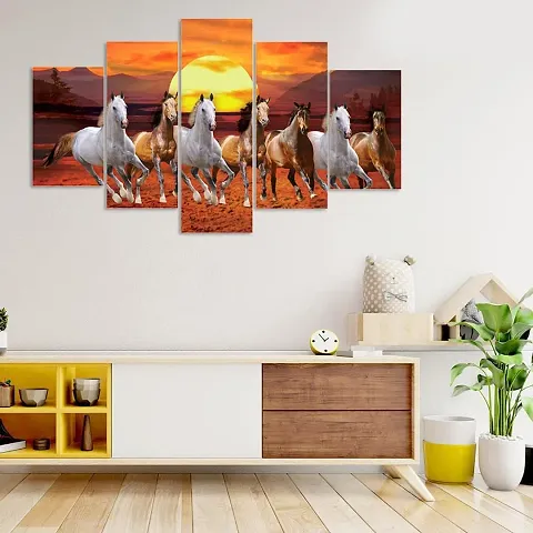 Great Art Set Of 5 Seven Running Horses Vastu Framed Wall Painting Scenery For Home Decoration, Living Room, Office, Bedroom With A Surprise Present Inside Big Size (75 X 43 CM)