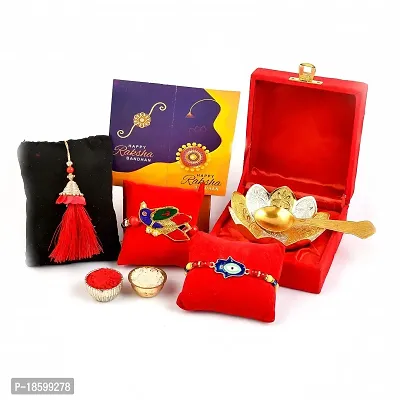 Great Art Rakhi Gift Hamper for Brother  Gift for Brother and bhabhi [Rakhi for Brother Combo - Rakhi with Brass Bowl with Velvet Box, Tilak Material  Greeting Card]GA-02-801-thumb2