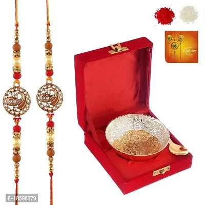 Great Art Sliver Gold Plated Occasional Brass Bowl with Velvet Box for Brother and Sister Greeting Card, Roli Chawal, Rakhi Combo -DAK-600-38