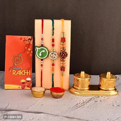 Great Art Rakhi Gift for Brother [Gift Combo - |Rakhi Bhaiya Bhabhi Set with Metal Chandan Roli Kumkum Chawal Box (3 Rakhi Set with Double Sindoor Dani)-903-4-thumb0