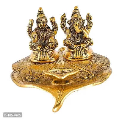 Great Art Metal Laxmi Ganesh Idol Showpiece Oil Lamp Diya, 7 x 5 x 3 Inches, Golden-thumb2