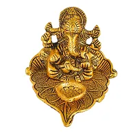 Great Art Ganesh Idol on Leaf - Lord Ganesha with Diya - Metal Hand Craved for Home Decorative Gift Puja Gifts Corporate-thumb1