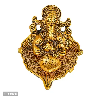 Great Art Ganesh Idol on Leaf - Lord Ganesha with Diya - Metal Hand Craved for Home Decorative Gift Puja Gifts Corporate-thumb2