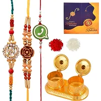 Great Art Rakhi Gift for Brother [Gift Combo - |Rakhi Bhaiya Bhabhi Set with Metal Chandan Roli Kumkum Chawal Box (3 Rakhi Set with Double Sindoor Dani)-903-4-thumb1