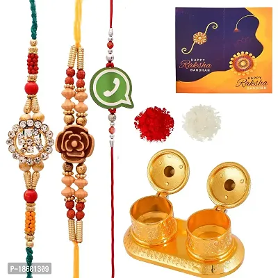 Great Art Rakhi Gift for Brother [Gift Combo - |Rakhi Bhaiya Bhabhi Set with Metal Chandan Roli Kumkum Chawal Box (3 Rakhi Set with Double Sindoor Dani)-903-4-thumb2