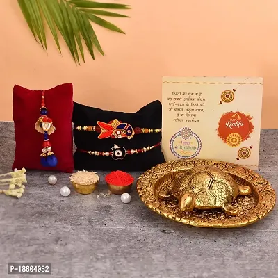 Great Art Rakhi  Gift Set for Brother [Gift Combo - | Rakhi for bhai and bhabhi with Feng Shui Tortoise On Plate Showpiece | 3 Rakhi Set Or vastu Tortoise Wishes Card and Roli Chawal-803-1