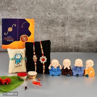 Great Art Rakhi  Gift Set for Brother [Gift Combo - Rakhi with Cute Car Dashboard Polynesin Buddha Statue Set of 4 Rakshabandhan Special Card, Roli Chawal-GA-022-710-1