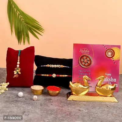 Great Art Rakhi Gift for Brother [Gift Combo - |Rakhi Bhaiya Bhabhi Set with Metal Chandan Roli Kumkum Chawal Box (3 Rakhi Set with Double Sindoor Dani)-903-7