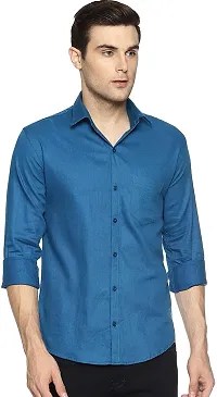 Men's Blue Cotton Solid Regular Fit Casual shirts-thumb1