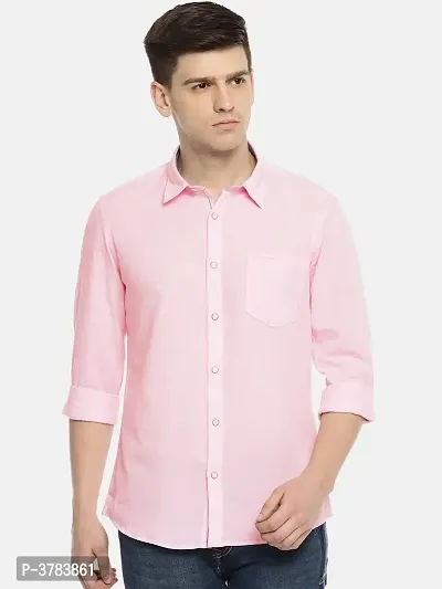 Pink Cotton Solid Casual Shirts For Men